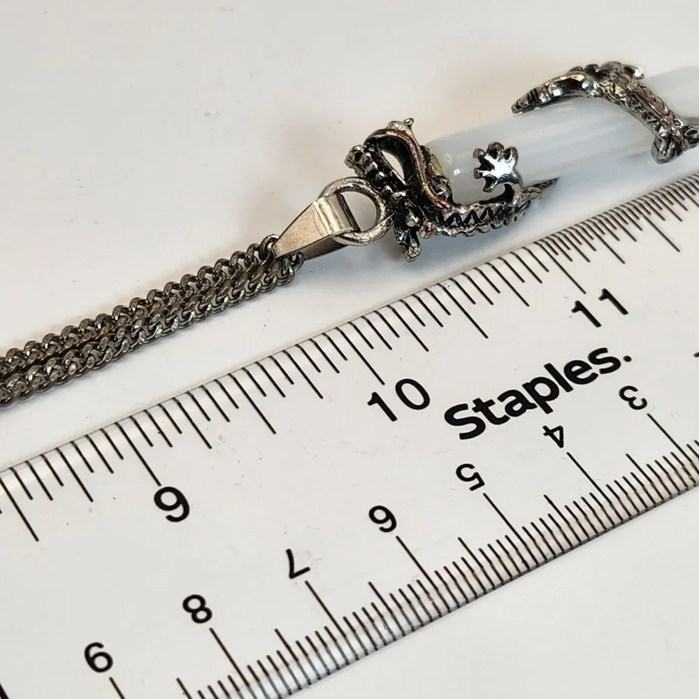 Stainless Steel‎ Necklace Silver Dragon Wrap Around Clear Crystal Stone Pendant
